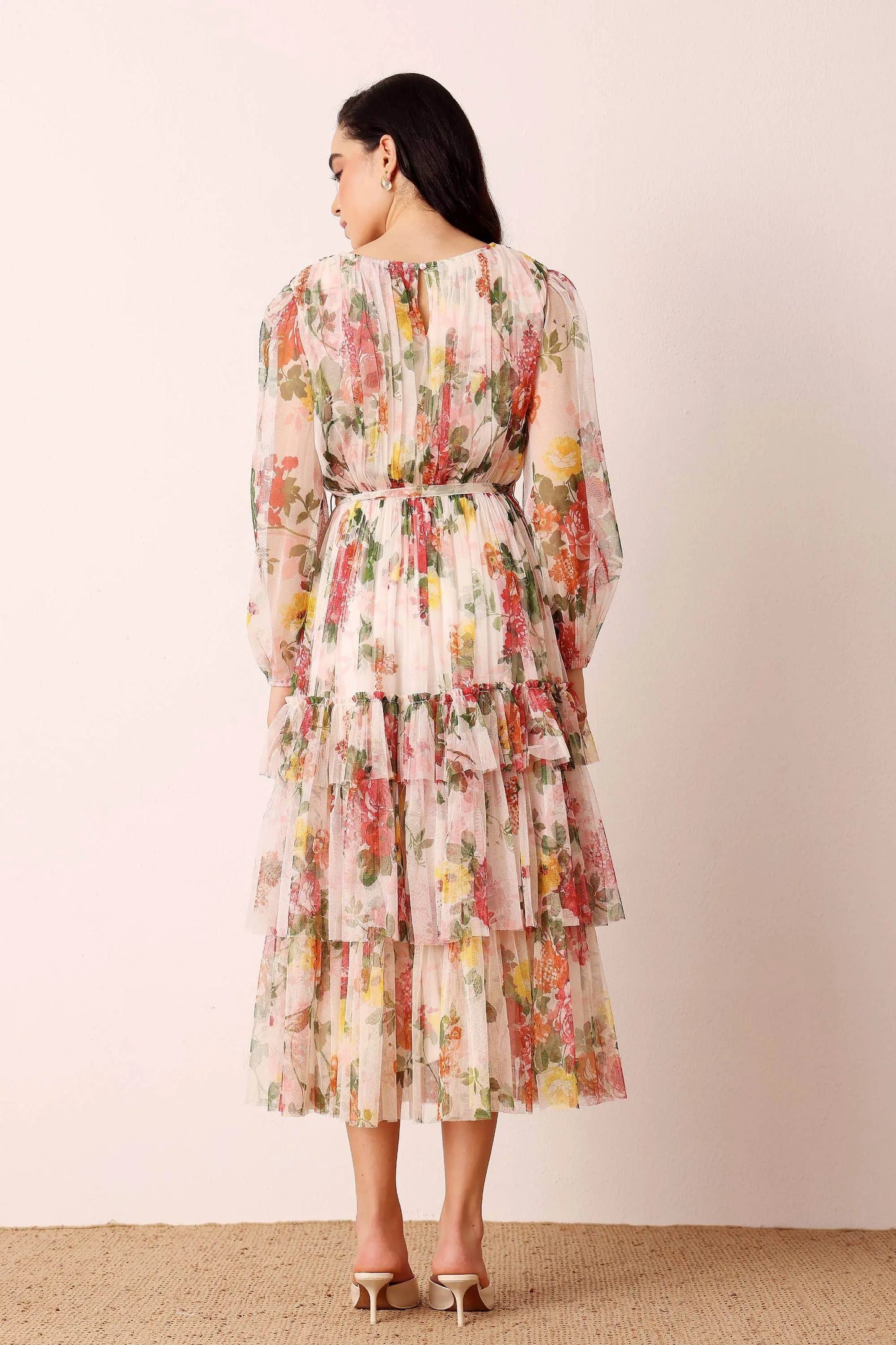 Elegant Sheer Sleeves Cream Floral Midi Dress - IVORYNN