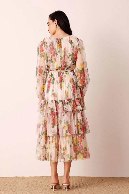 Elegant Sheer Sleeves Cream Floral Midi Dress