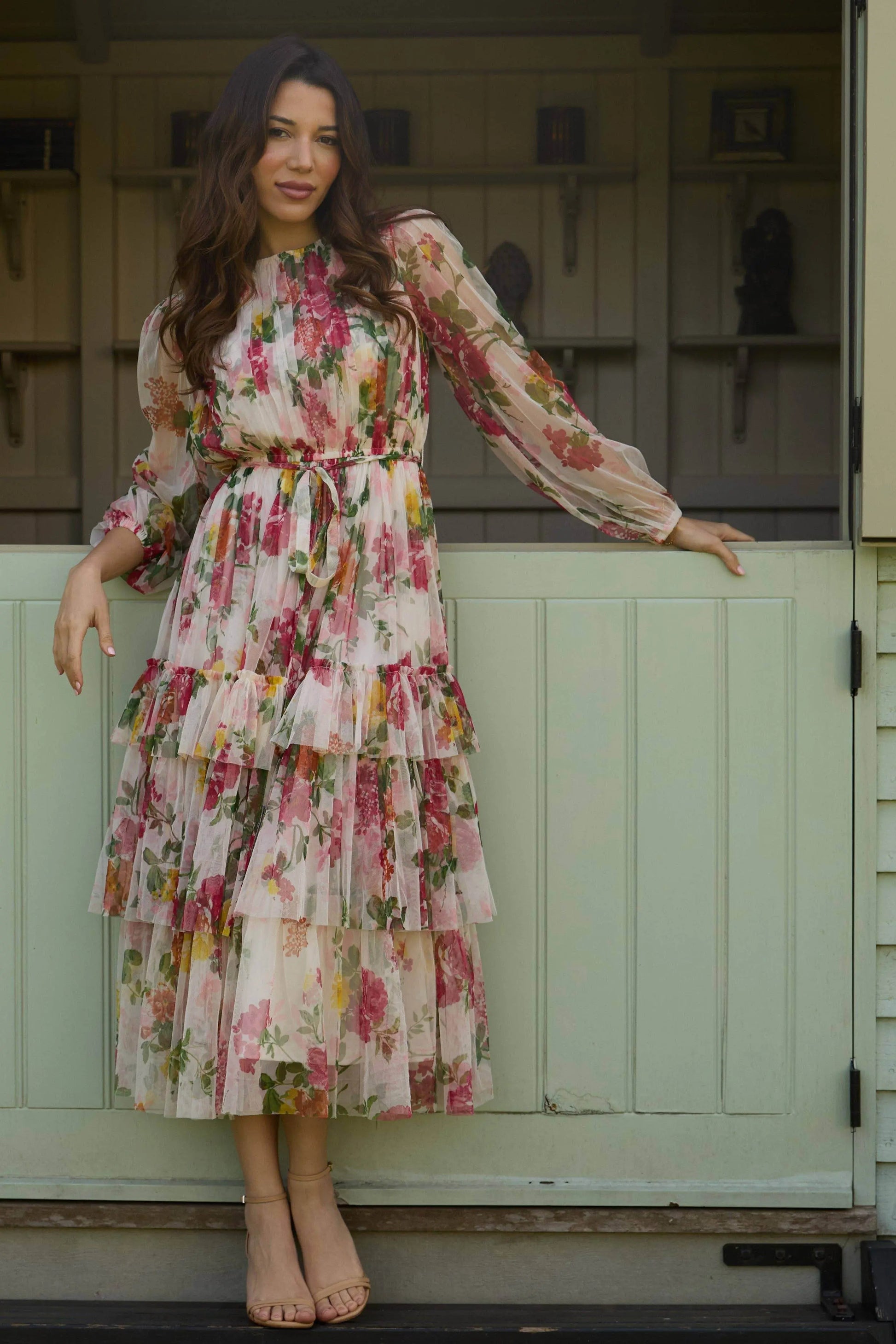 Elegant Sheer Sleeves Cream Floral Midi Dress - IVORYNN