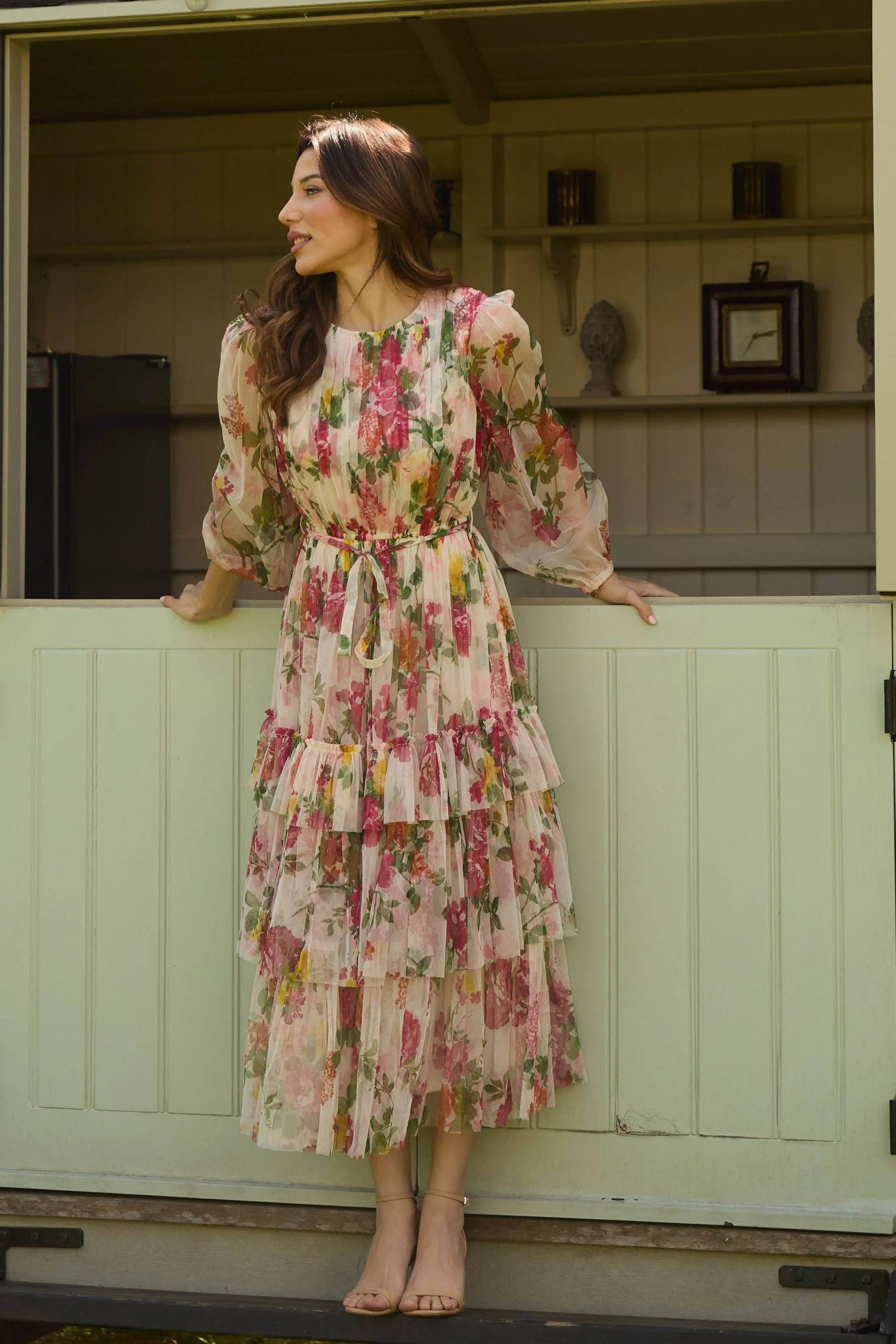 Elegant Sheer Sleeves Cream Floral Midi Dress - IVORYNN