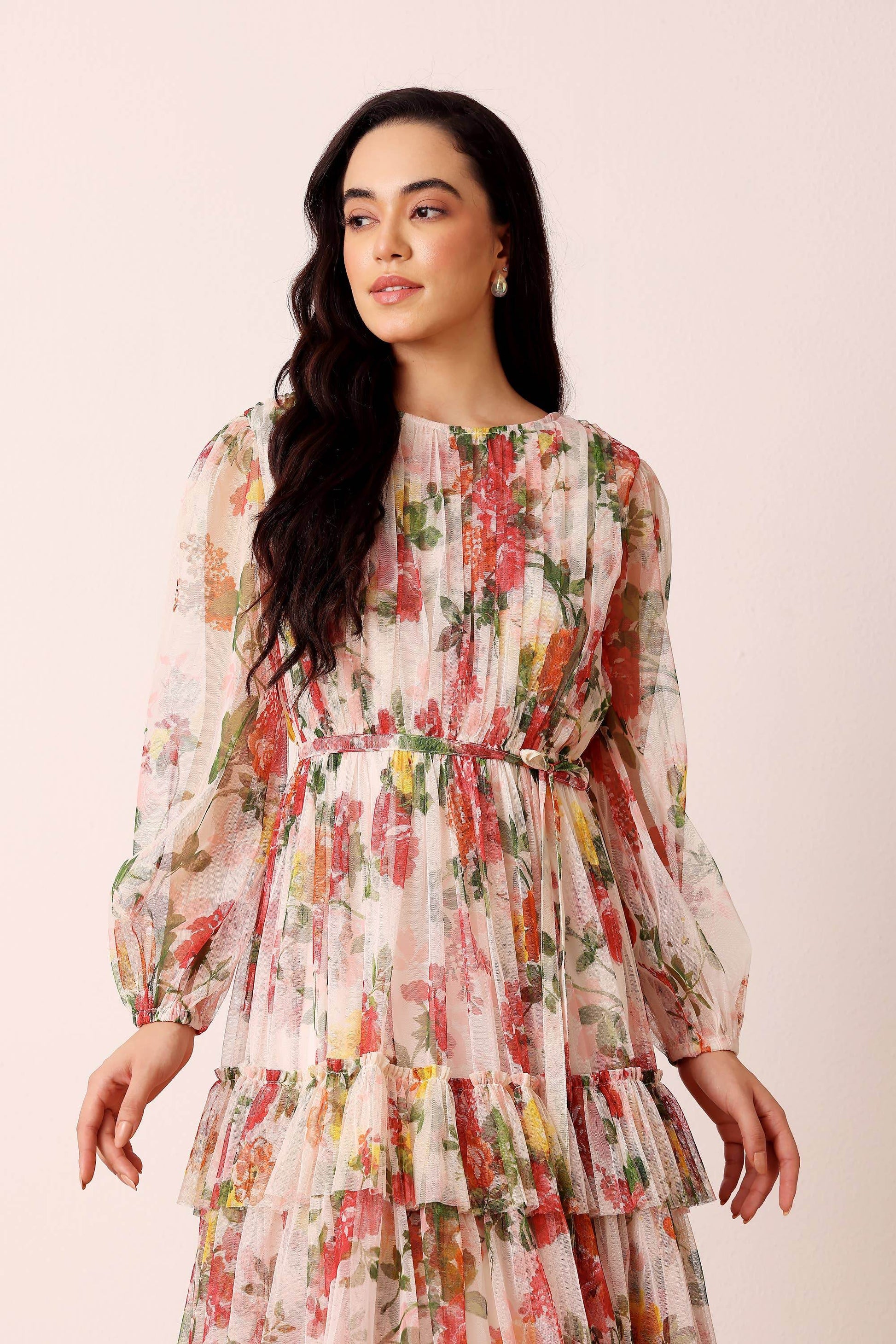 Elegant Sheer Sleeves Cream Floral Midi Dress - IVORYNN