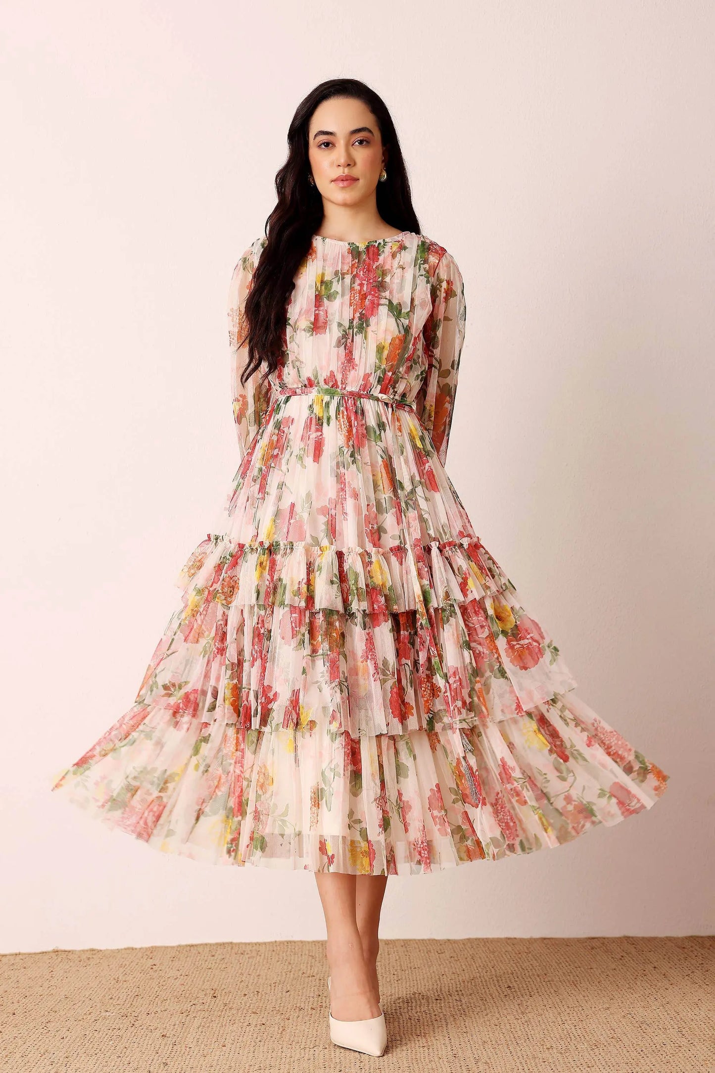 Elegant Sheer Sleeves Cream Floral Midi Dress - IVORYNN