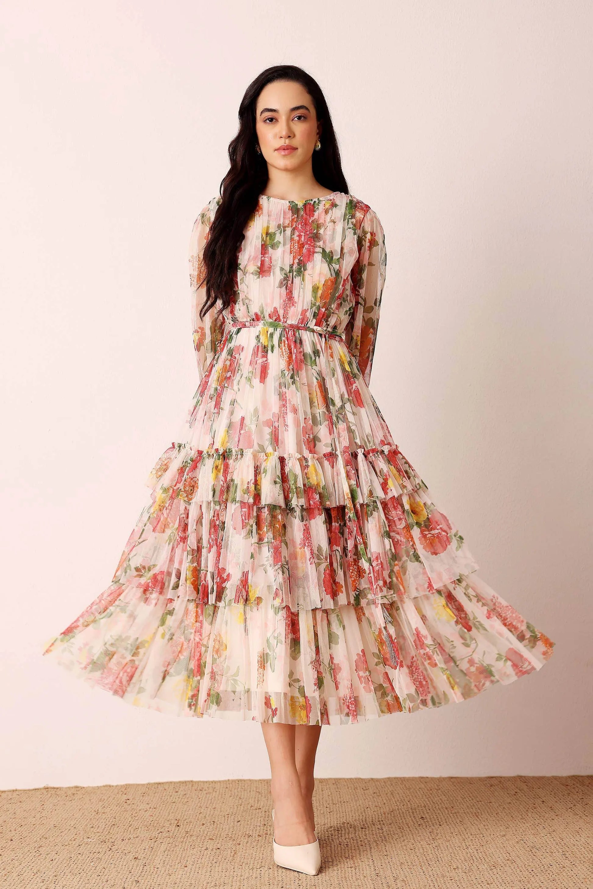 Elegant Sheer Sleeves Cream Floral Midi Dress - IVORYNN