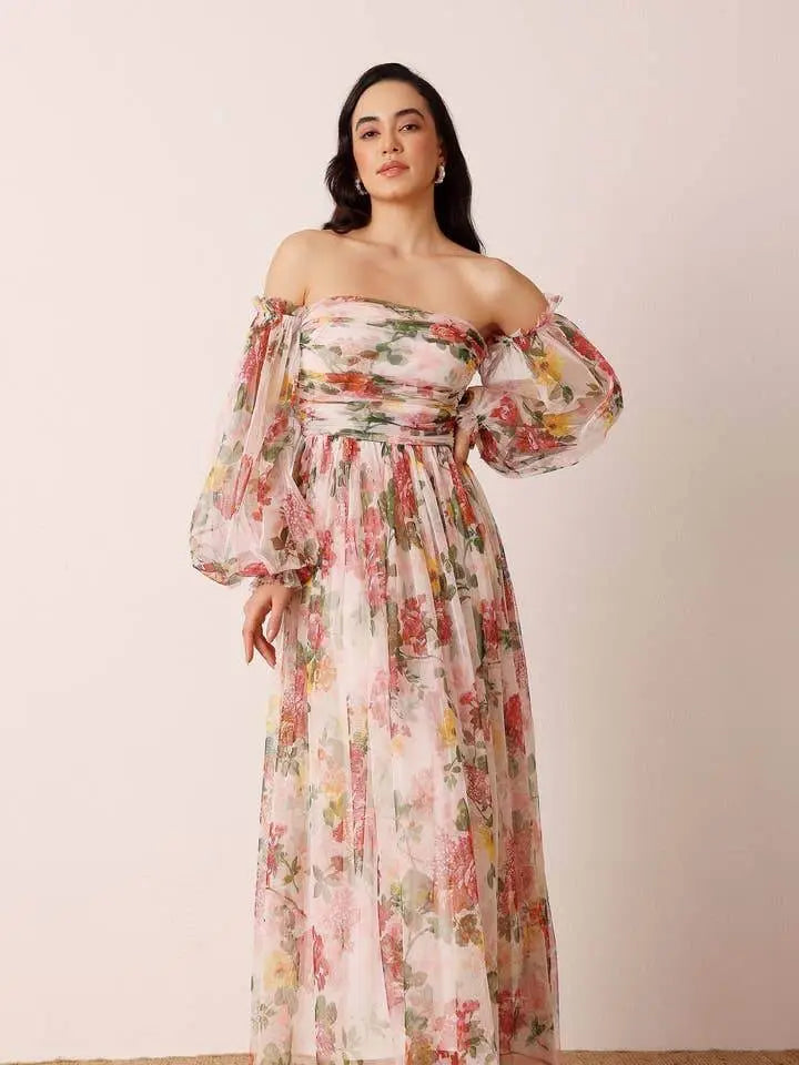 Elegant Tulle Sleeve Wrap Gown Cream Floral Maxi Dress - IVORYNN