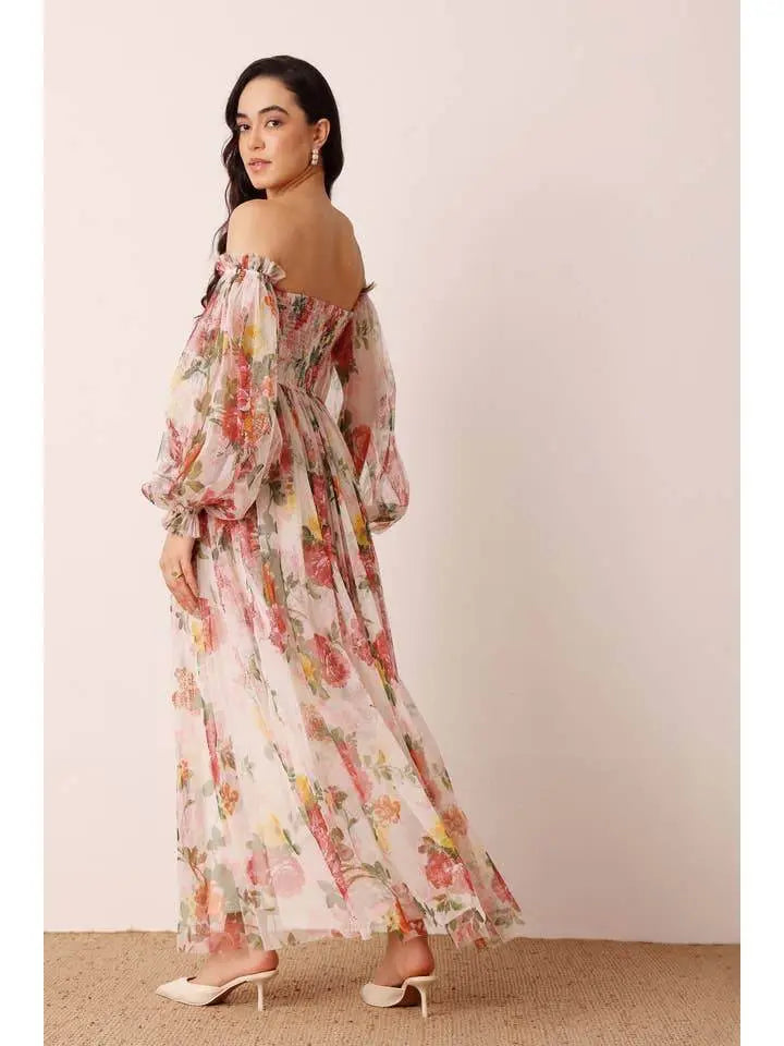 Elegant Tulle Sleeve Wrap Gown Cream Floral Maxi Dress - IVORYNN