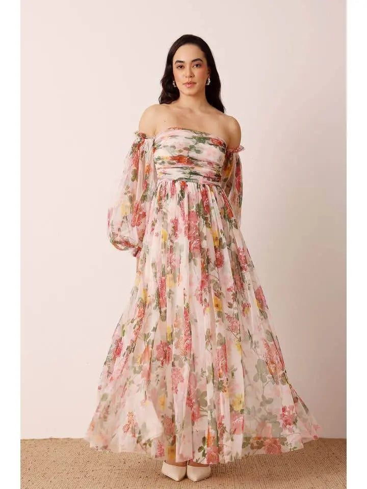 Elegant Tulle Sleeve Wrap Gown Cream Floral Maxi Dress - IVORYNN