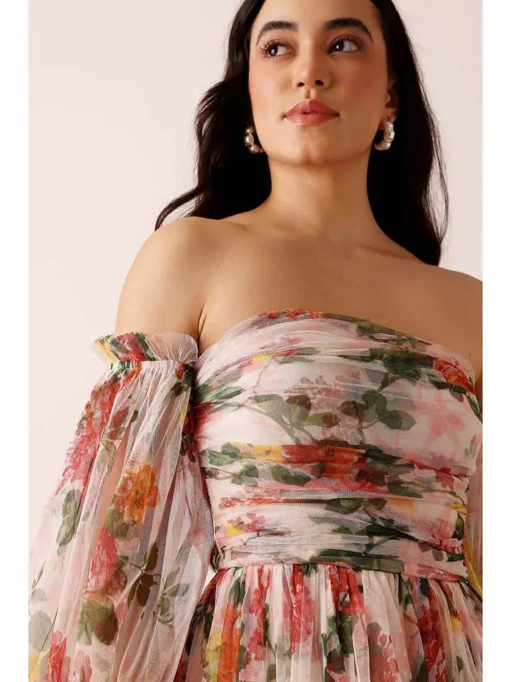 Elegant Tulle Sleeve Wrap Gown Cream Floral Maxi Dress - IVORYNN