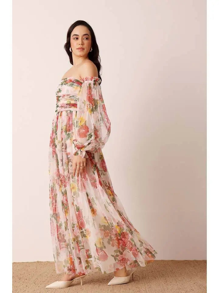 Elegant Tulle Sleeve Wrap Gown Cream Floral Maxi Dress - IVORYNN