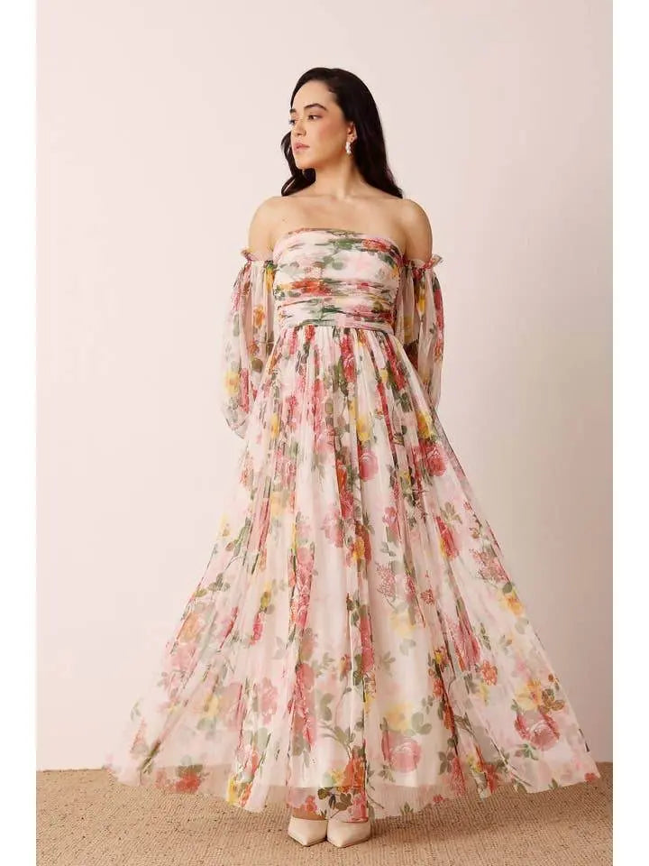 Elegant Tulle Sleeve Wrap Gown Cream Floral Maxi Dress - IVORYNN