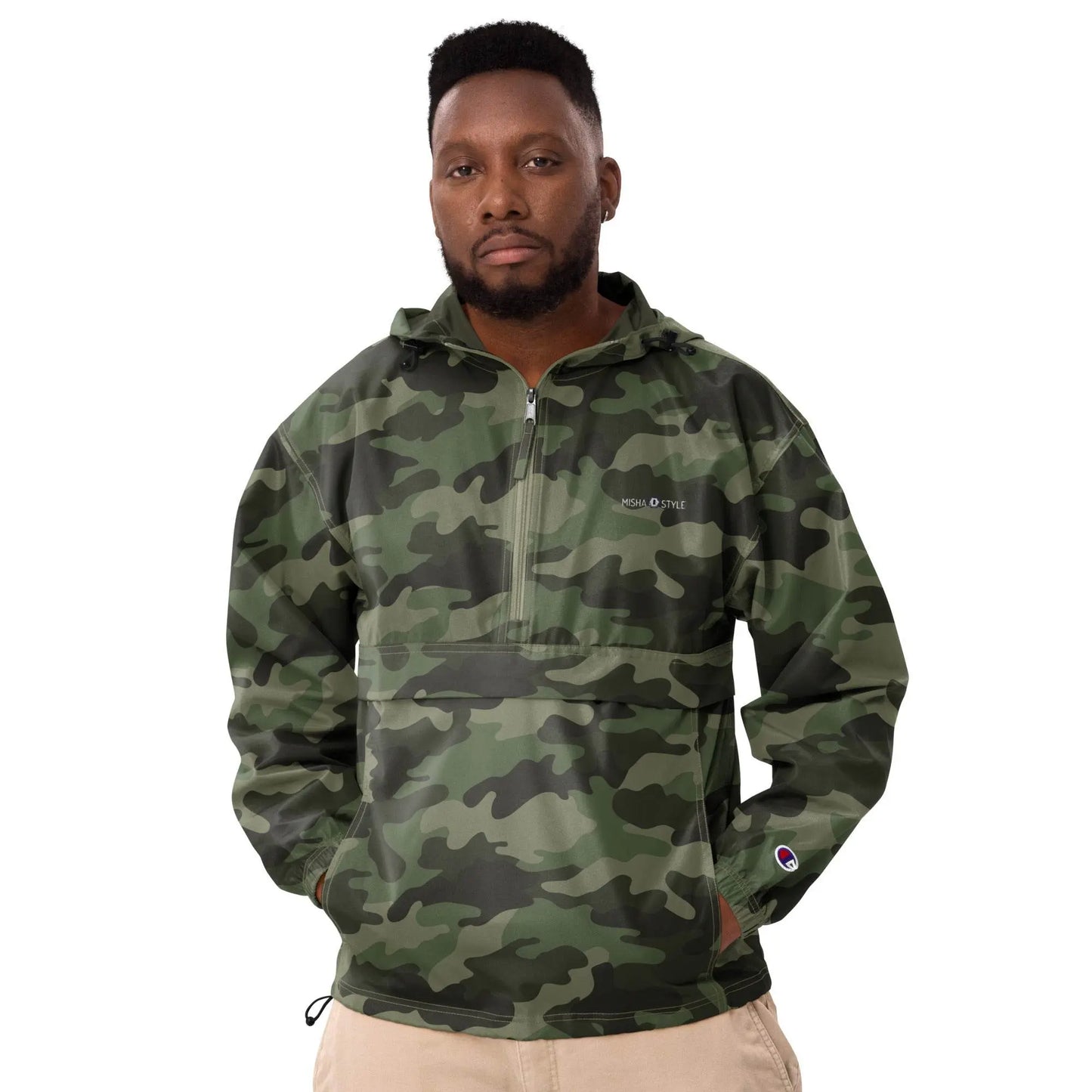 Embroidered Champion Packable Jacket - Army - IVORYNN