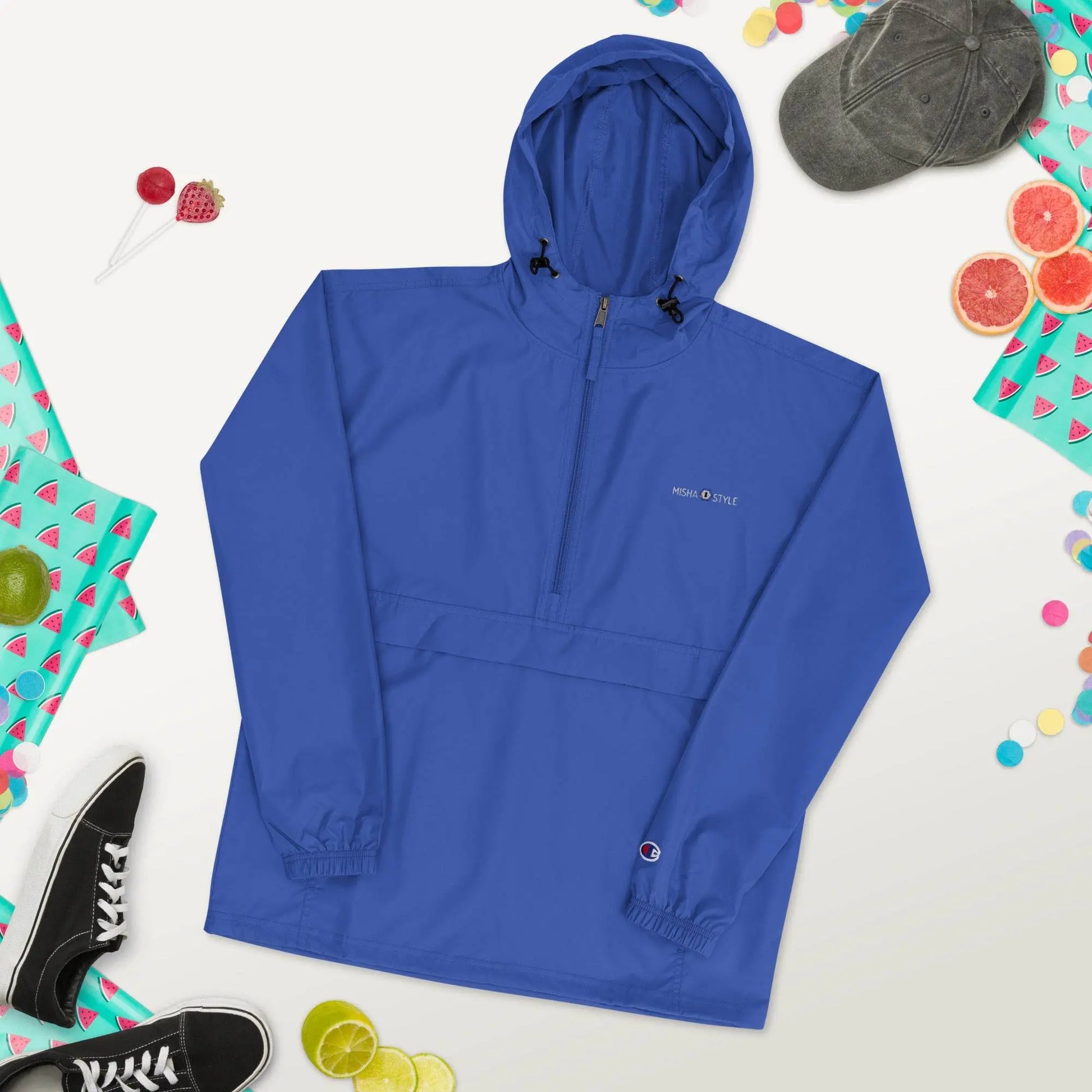 Embroidered Champion Packable Jacket - Blue - IVORYNN