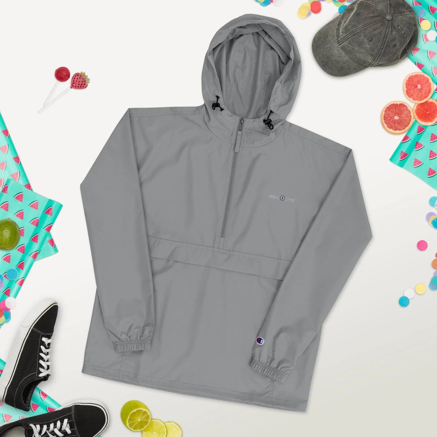 Embroidered Champion Packable Jacket - Gray - IVORYNN