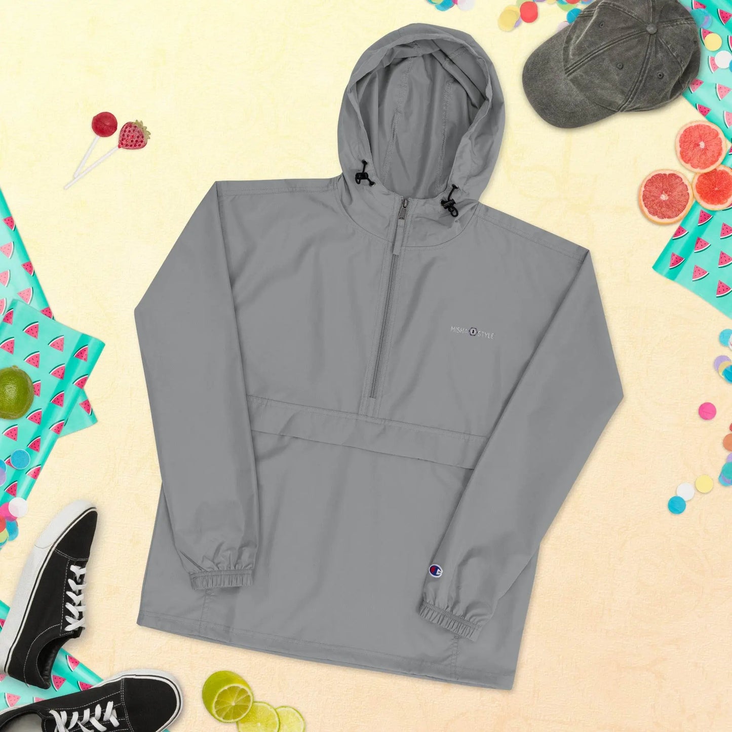 Embroidered Champion Packable Jacket - Gray - IVORYNN