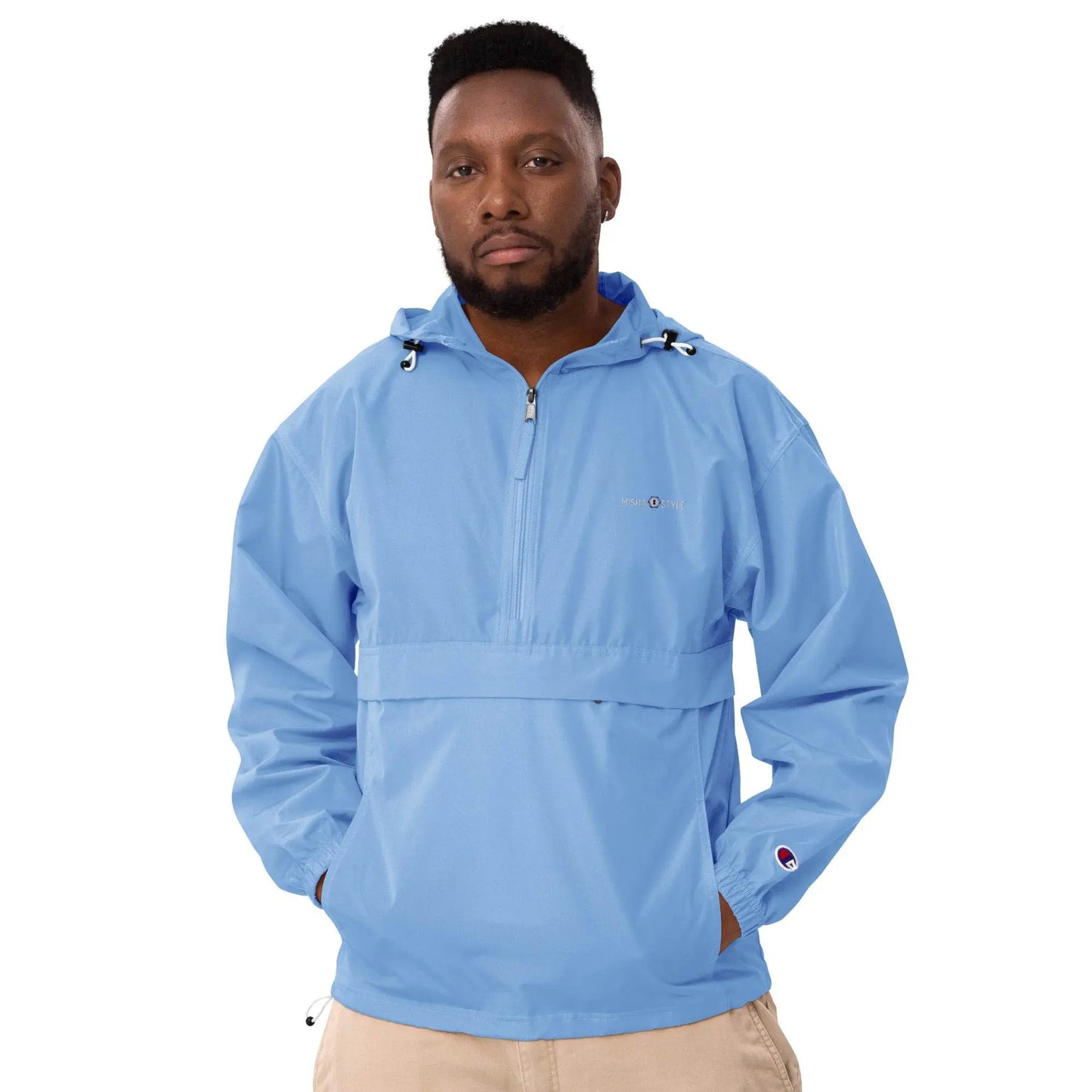 Embroidered Champion Packable Jacket - Light Blue - IVORYNN