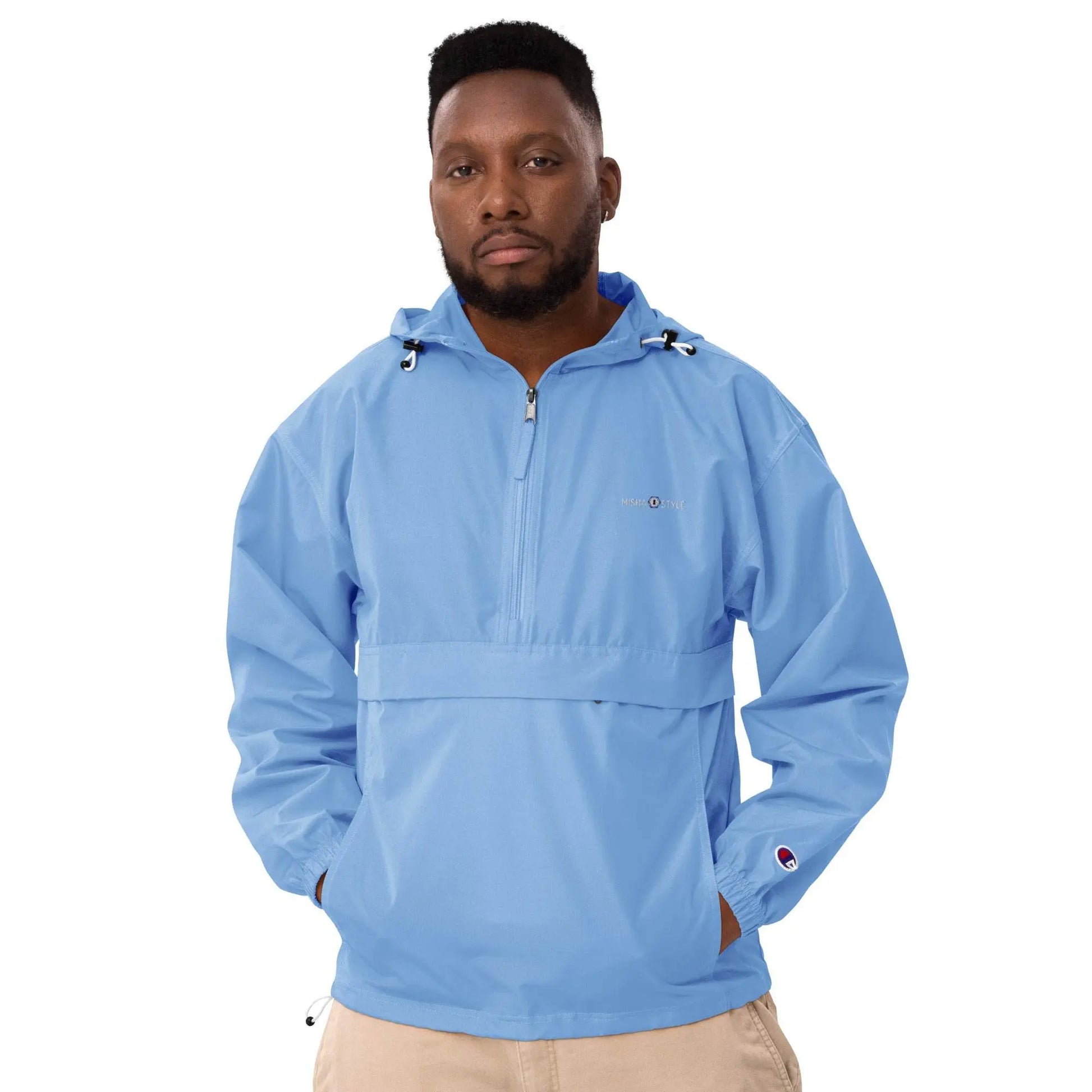 Embroidered Champion Packable Jacket - Light Blue - IVORYNN