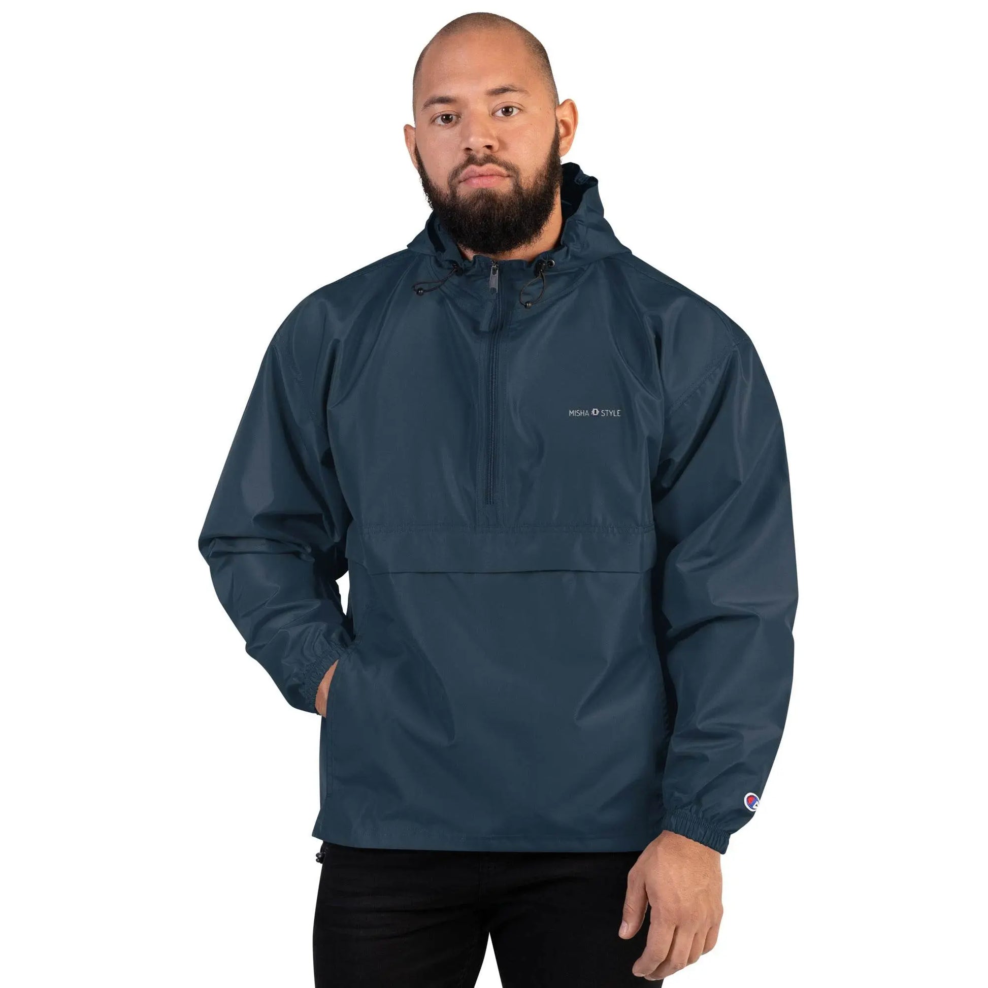 Embroidered Champion Packable Jacket - Navy - IVORYNN