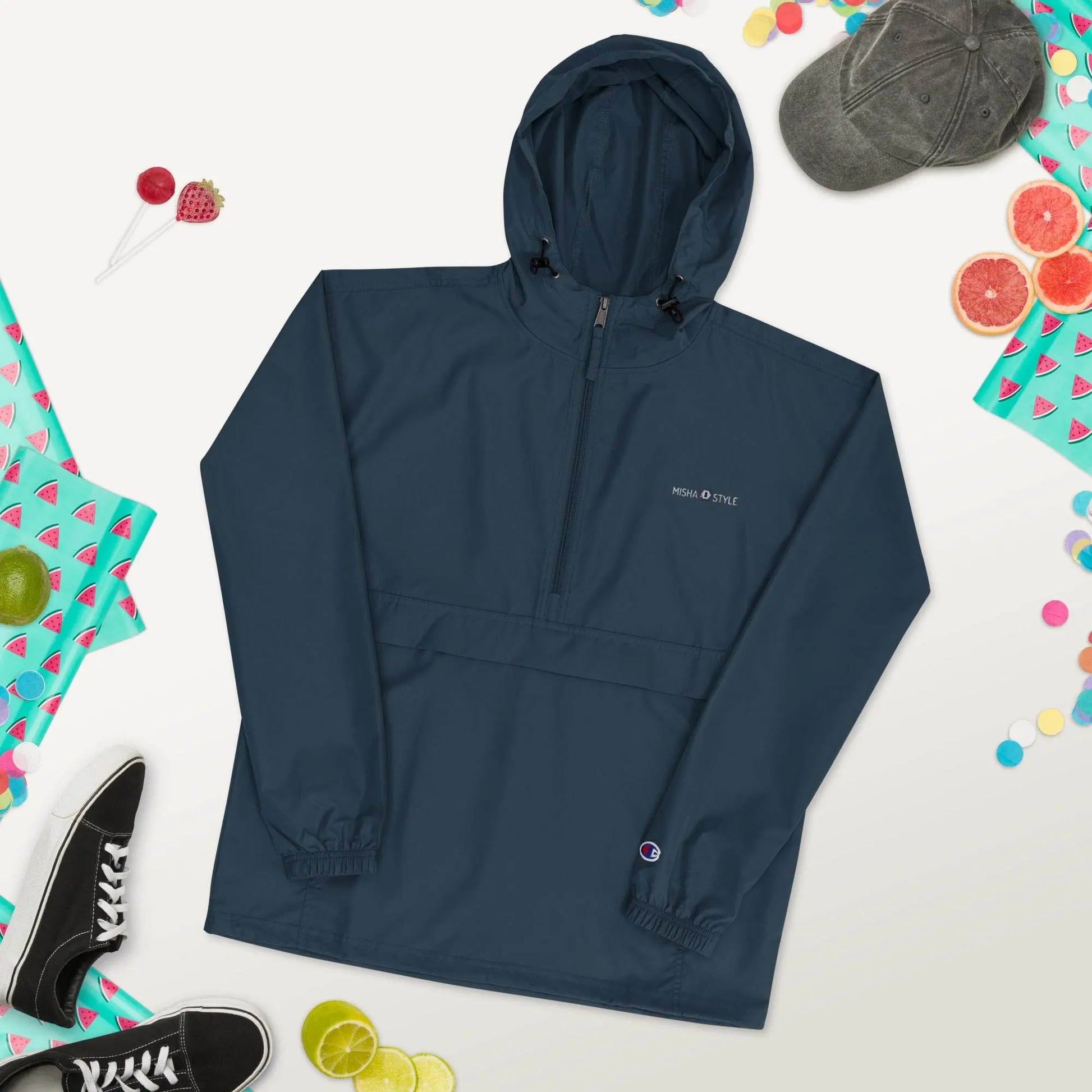 Embroidered Champion Packable Jacket - Navy - IVORYNN