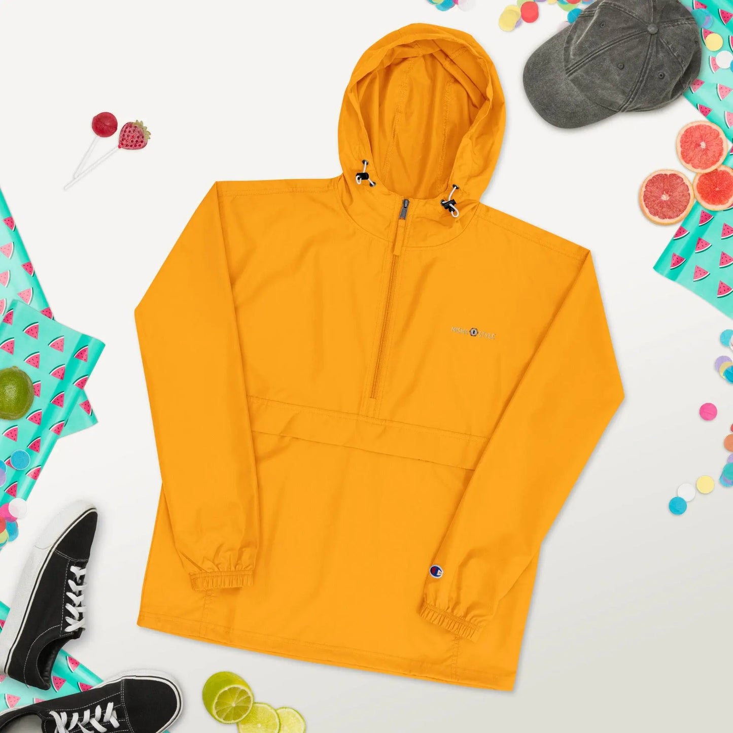 Embroidered Champion Packable Jacket - Orange - IVORYNN