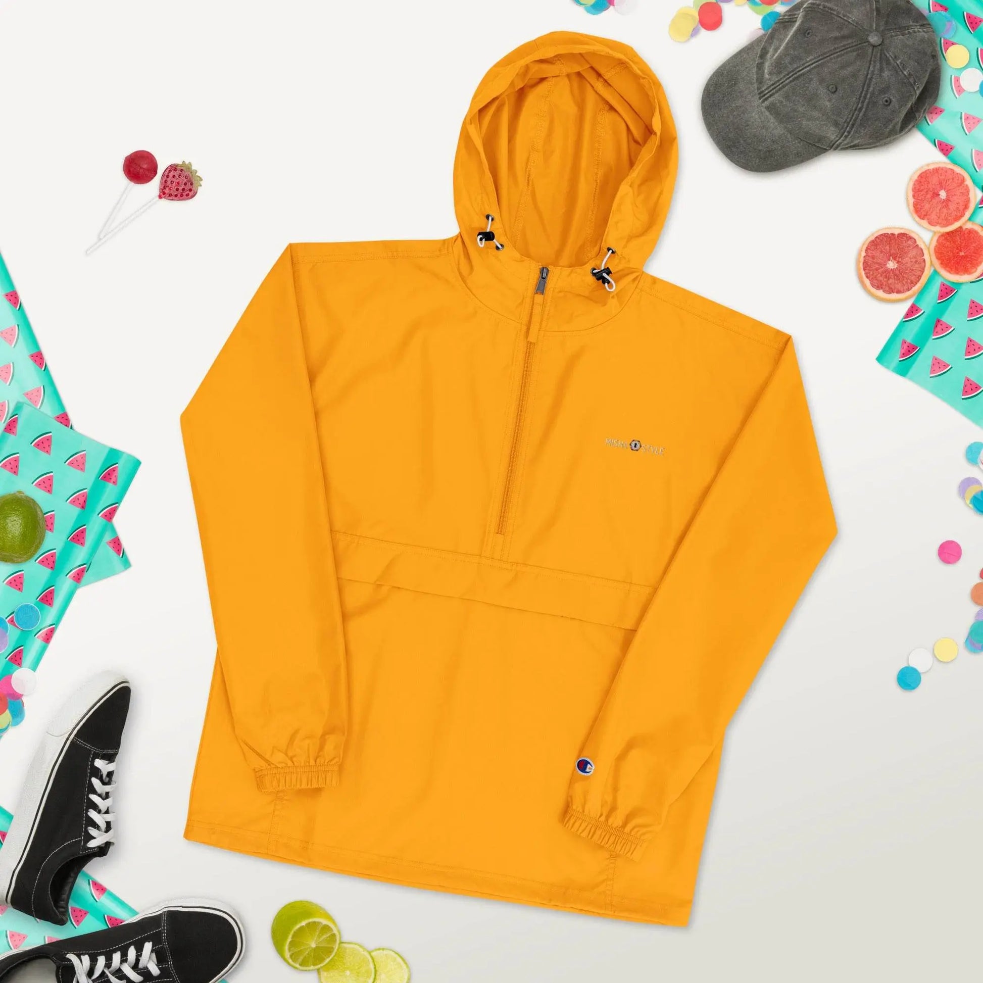 Embroidered Champion Packable Jacket - Orange - IVORYNN