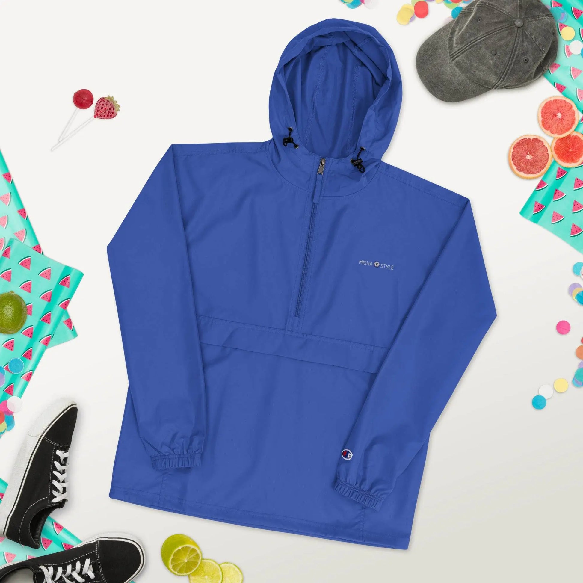 Embroidered Champion Packable Women Jacket - Blue - IVORYNN