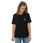 Woman wearing black embroidered Little Monkey organic cotton t-shirt from Ivorynn