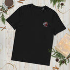 Black organic cotton t-shirt with embroidered little monkey design, flat lay, Ivorynn fashion