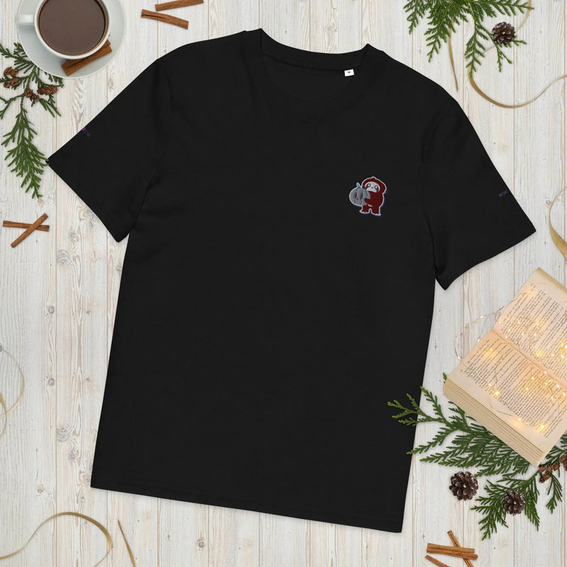 Black organic cotton t-shirt with embroidered little monkey design, flat lay, Ivorynn fashion