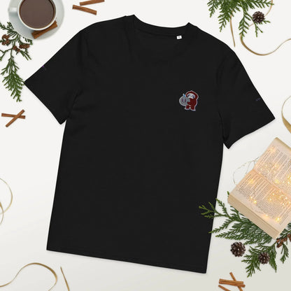 Black organic cotton t-shirt with embroidered red monkey, flat lay with festive decor, Ivorynn