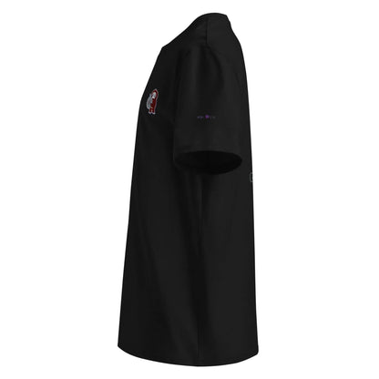 Black organic cotton t-shirt with embroidered little monkey design, side view, IVORYNN fashion