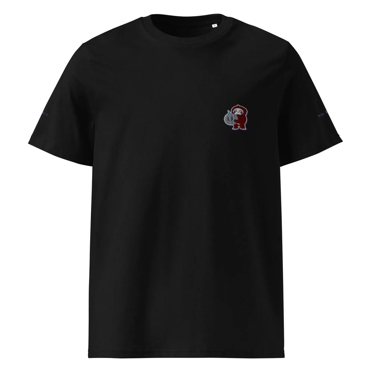 Black organic cotton t-shirt with small embroidered cartoon character, Ivorynn kids fashion