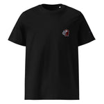 Black organic cotton t-shirt with small embroidered cartoon character, Ivorynn kids fashion
