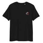 Black organic cotton t-shirt with small embroidered red monkey on chest, Ivorynn fashion