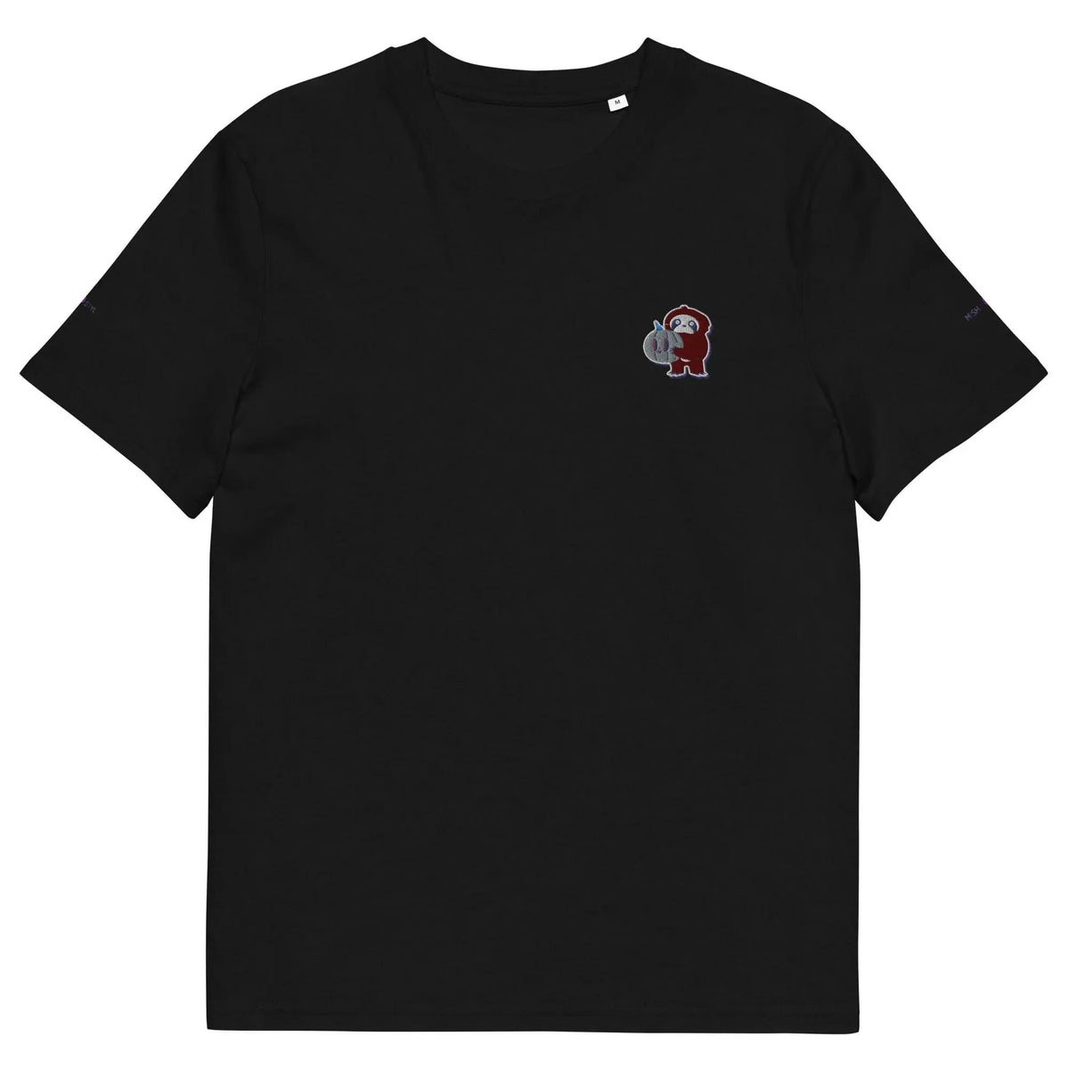 Black organic cotton t-shirt with small red monkey embroidery on chest, Ivorynn kids fashion