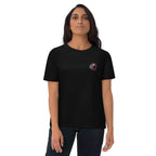 Woman wearing black organic cotton t-shirt with embroidered little monkey, Ivorynn fashion