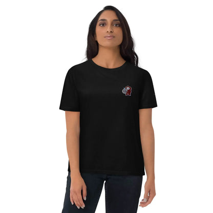 Woman wearing black organic cotton t-shirt with embroidered little monkey, Ivorynn fashion