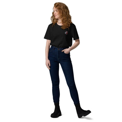 Woman wearing embroidered Little Monkey organic cotton t-shirt and dark jeans from Ivorynn
