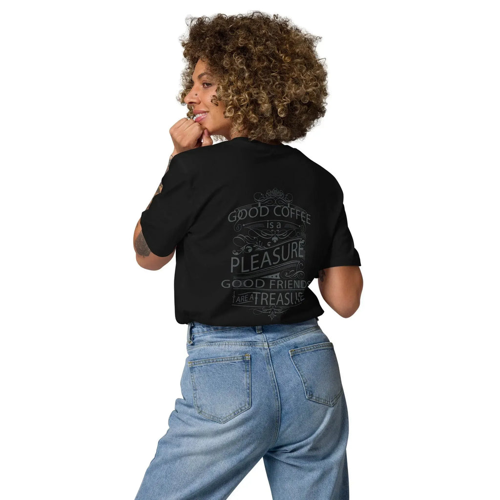 Woman wearing black graphic t-shirt with coffee-themed quote and light blue jeans