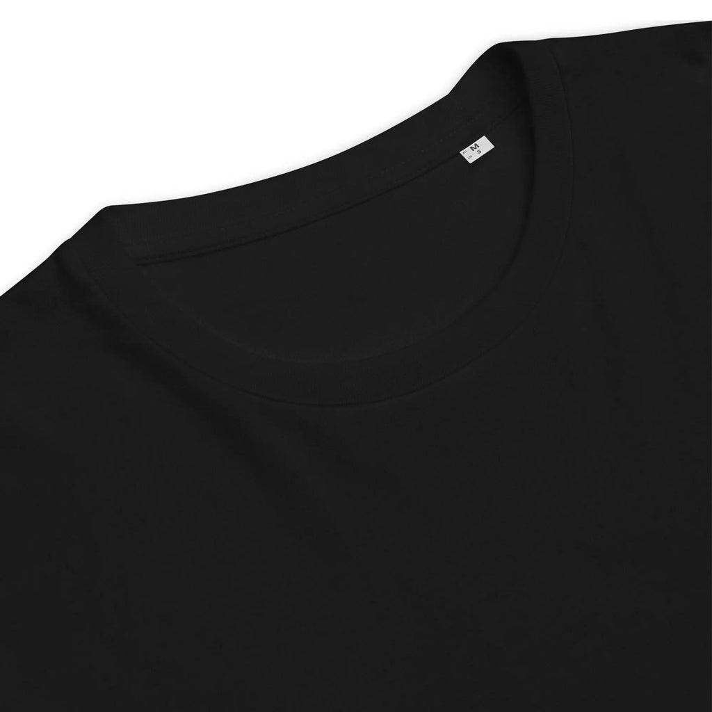 Close-up of plain black organic cotton t-shirt collar, IVORYNN modern fashion apparel
