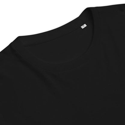 Close-up of plain black organic cotton t-shirt collar, IVORYNN modern fashion apparel