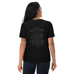 Woman wearing black t-shirt with 'Good coffee is a pleasure, good friends are a treasure' quote on back