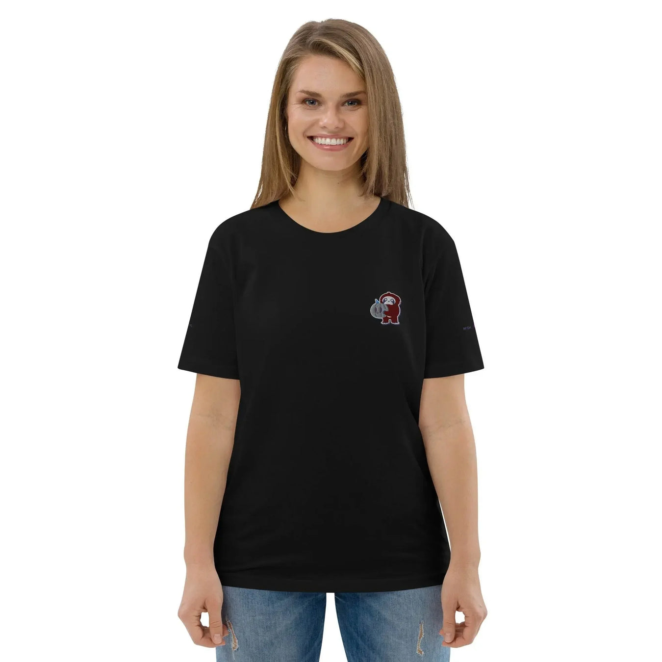 Woman wearing black t-shirt with small embroidered monkey design, Ivorynn kids fashion