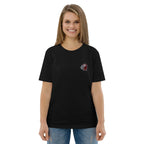 Woman wearing black t-shirt with small embroidered monkey design, Ivorynn kids fashion