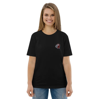 Woman wearing black t-shirt with small embroidered monkey design, Ivorynn kids fashion