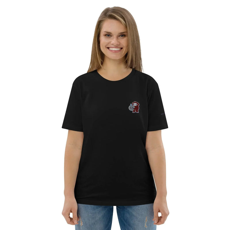 Woman wearing black t-shirt with small embroidered monkey design, Ivorynn kids fashion