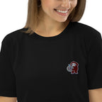 Woman wearing black organic cotton t-shirt with embroidered red monkey patch, Ivorynn fashion