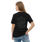 Woman wearing black t-shirt with coffee and friends quote on back, casual fashion style
