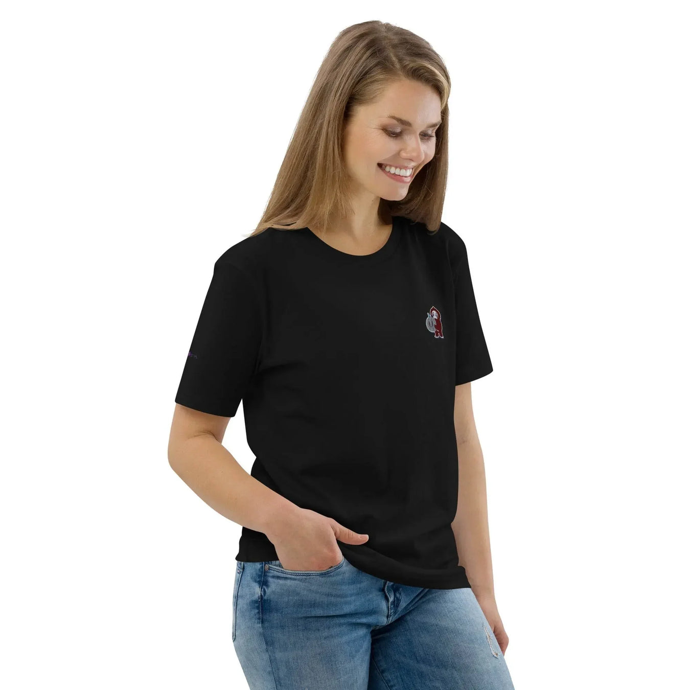 Woman wearing black t-shirt with small embroidered monkey, organic cotton, Ivorynn fashion