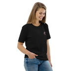 Woman wearing black t-shirt with small embroidered monkey, organic cotton, Ivorynn fashion