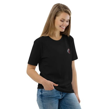Woman wearing black t-shirt with small embroidered monkey, organic cotton, Ivorynn fashion