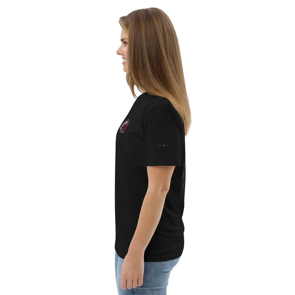 Woman wearing black t-shirt with small red embroidered design, side view, Ivorynn fashion